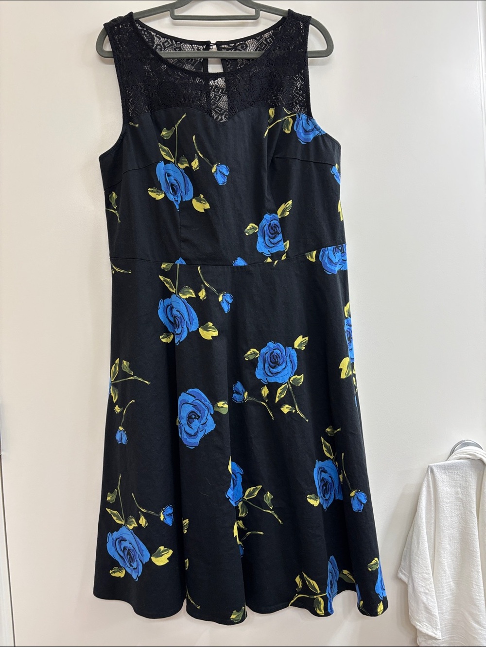 Bbonlinedress 2X Black Floral Lace Yoke Dress Blue Roses Sleeveless Flare Skirt